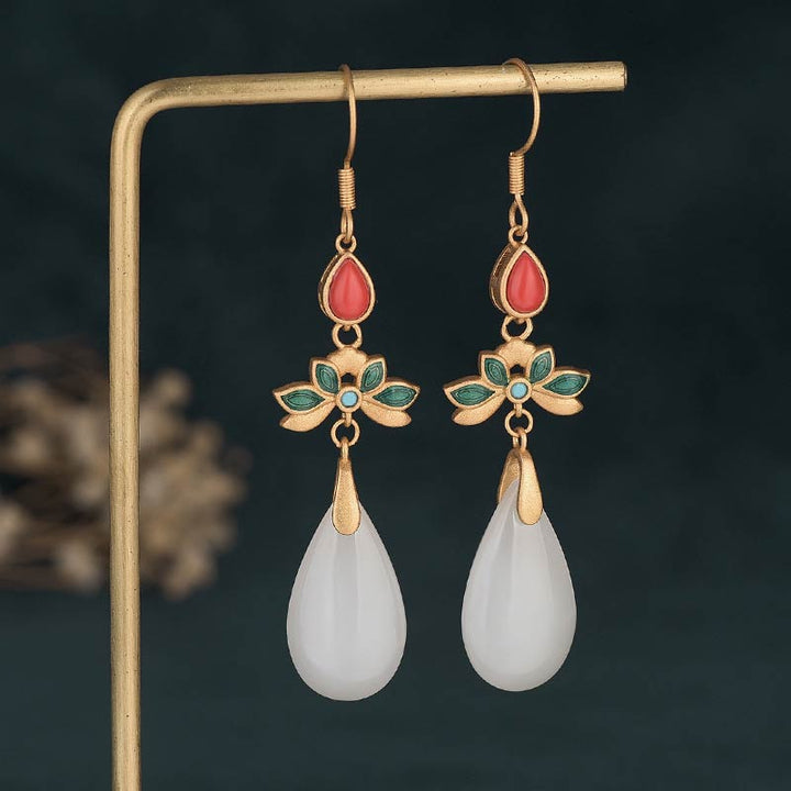 Buddha Stones FengShui White Jade Luck Drop Earrings