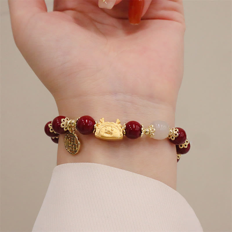 Buddha Stones Year Of The Dragon Red Agate Strawberry Quartz Black Obsidian Jade Garnet Pearl Cinnabar Dumpling Dragon Luck Fu Character Bracelet