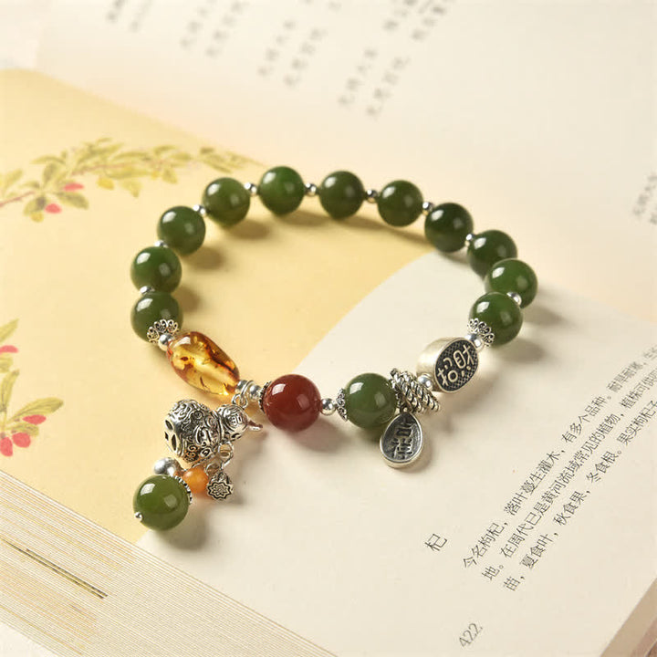 925 Sterling Silver Hetian Cyan Jade Gourd Amber Success Bracelet