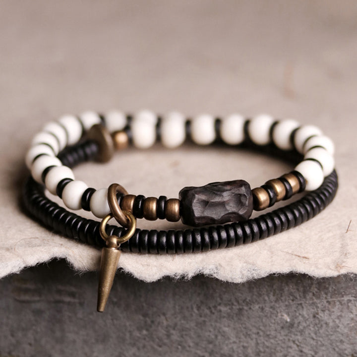 Buddha Stones Yak Bone Ebony Wood Copper Strength Couple Bracelet