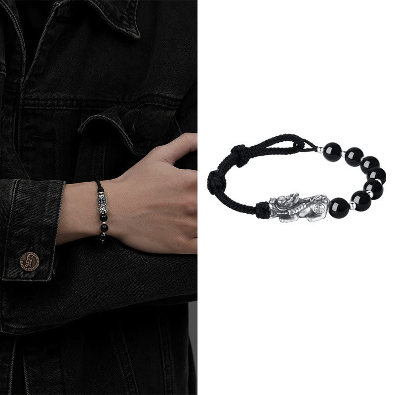 Buddha Stones 999 Sterling Silver FengShui PiXiu Natural Black Obsidian 925 Sterling Silver Bead Strength Bracelet