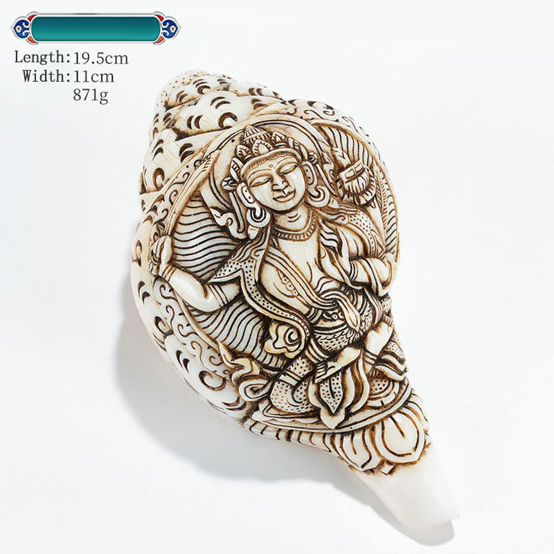 Tibetan Handmade Engraved Shankha Buddha Avalokitesvara Conch Shell Wealth Decoration