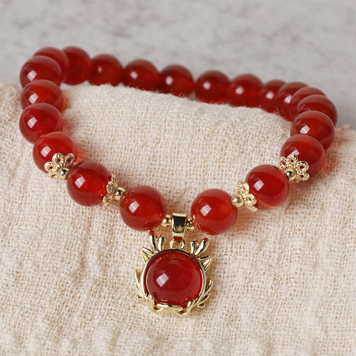 Buddha Stones Year of the Dragon Red Agate Jade Peace Buckle Fu Character Success Bracelet