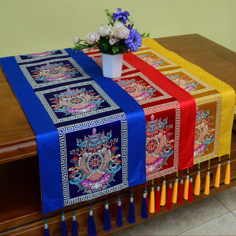 Buddha Stones Prayer Altar Mat Man-Bcu Kalachakra Endless Knot Vajra Tibetan Auspicious Symbols Tassels Table Runner