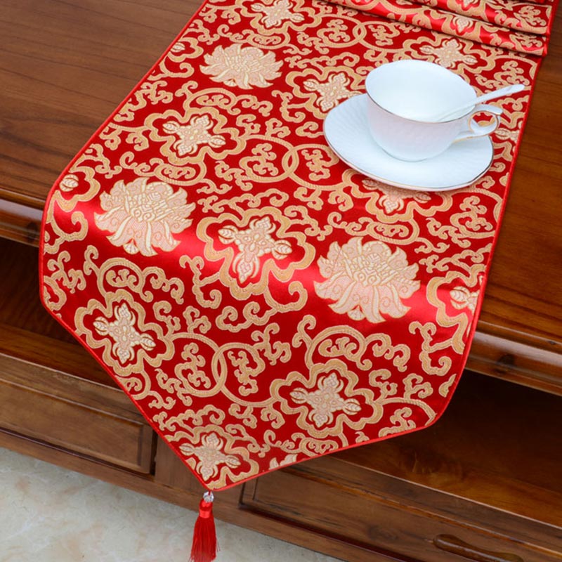 Prayer Altar Flower Vajra Dragon Pattern Tibetan Auspicious Symbols Tassels Jacquard Table Runner