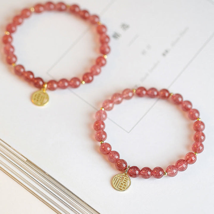 Buddha Stones 14K Gold Plated Strawberry Quartz Fu Character Healing Charm Bracelet