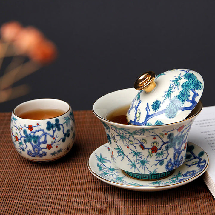 Buddha Stones Retro Plum Blossom Pine Bamboo Phoenix Kirin Ceramic Gaiwan Sancai Teacup Kung Fu Tea Cup and Saucer with Lid