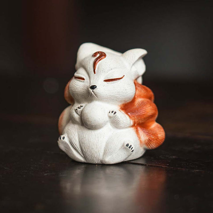 Buddha Stones Mini Nine-Tailed Fox Purple Clay Luck Desk Decoration