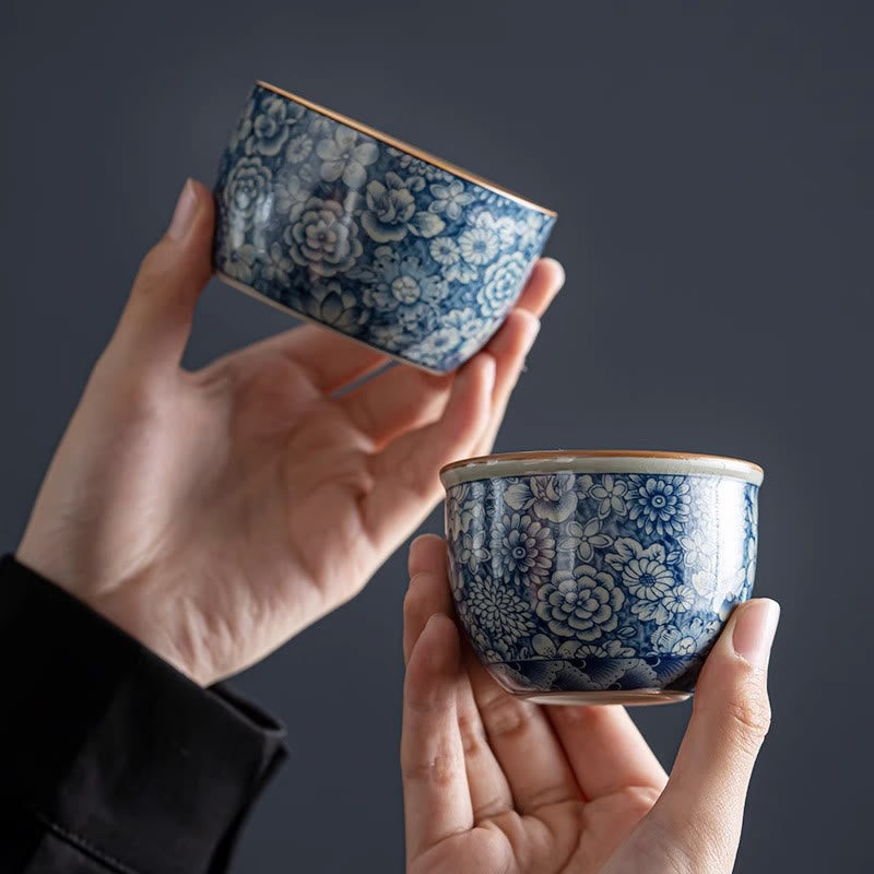 Buddha Stones Blue Lotus Peach Blossom Chrysanthemum Design Ceramic Teacup Kung Fu Tea Cups