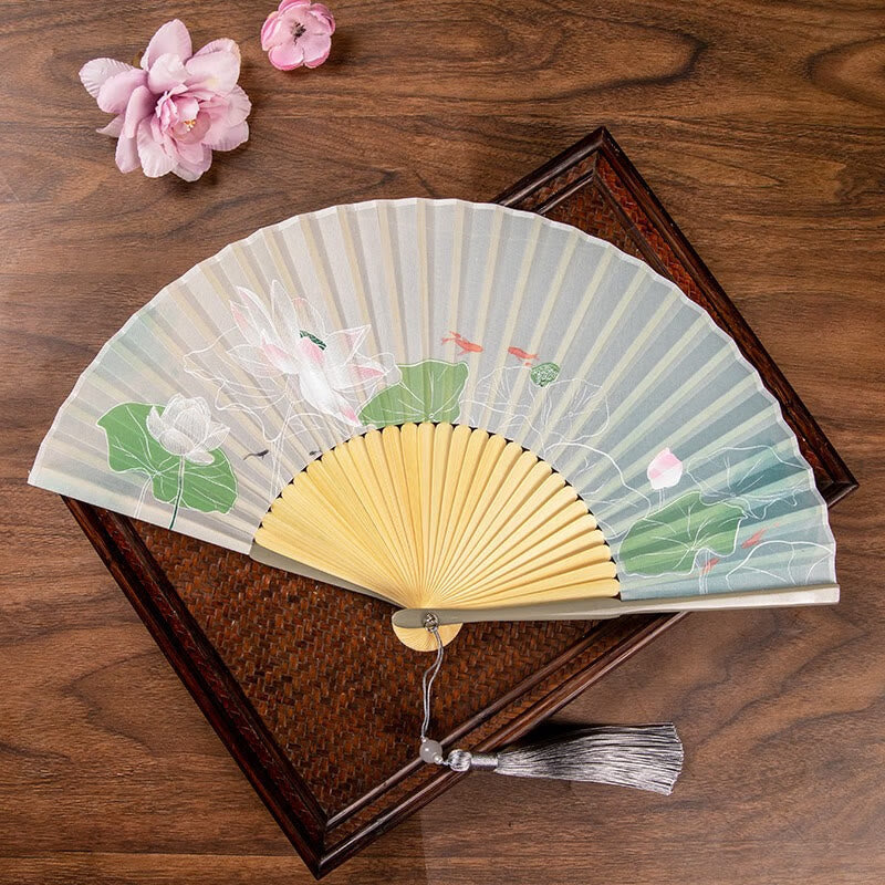 Buddha Stones Jasmine Lotus Begonia Flowers Handheld Bamboo Folding Fan