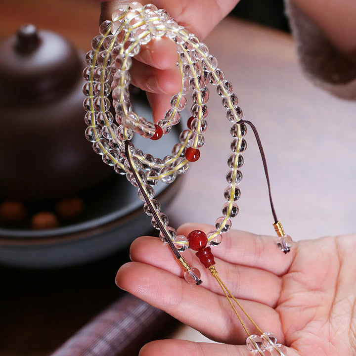 Buddha Stones 108 Mala Beads 925 Sterling Silver Natural White Agate Red Agate Quadruple Wrap Protection Bracelet