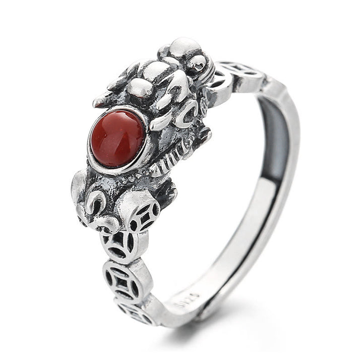 Buddha Stones PiXiu Copper Coin Red Agate Wealth Luck Ring