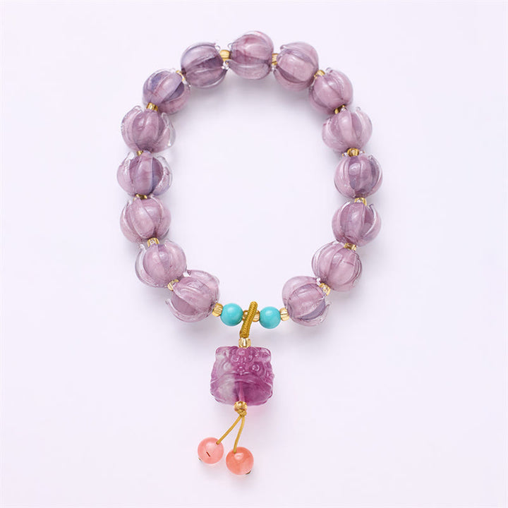 Buddha Stones Liuli Glass Bead Lotus Design Fluorite Ivory Fruit Dancing Lion Charm Enlightenment Bracelet