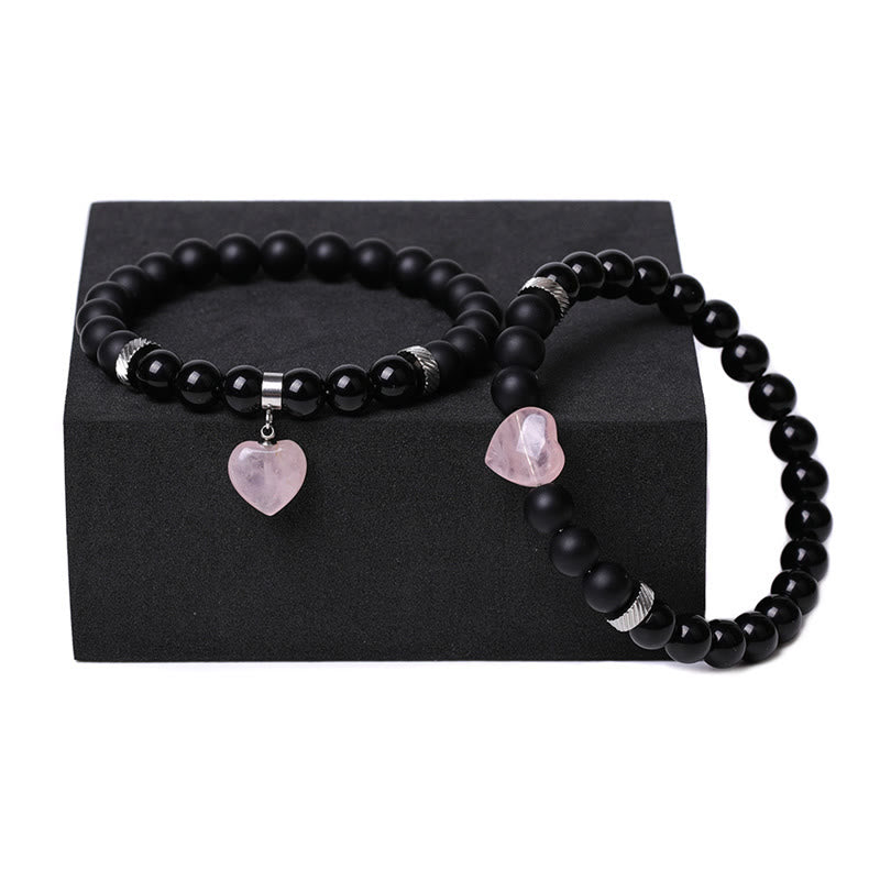 Buddha Stones 2Pcs Black Onyx Crystal Stone Love Heart Protection Support Couple Bracelet