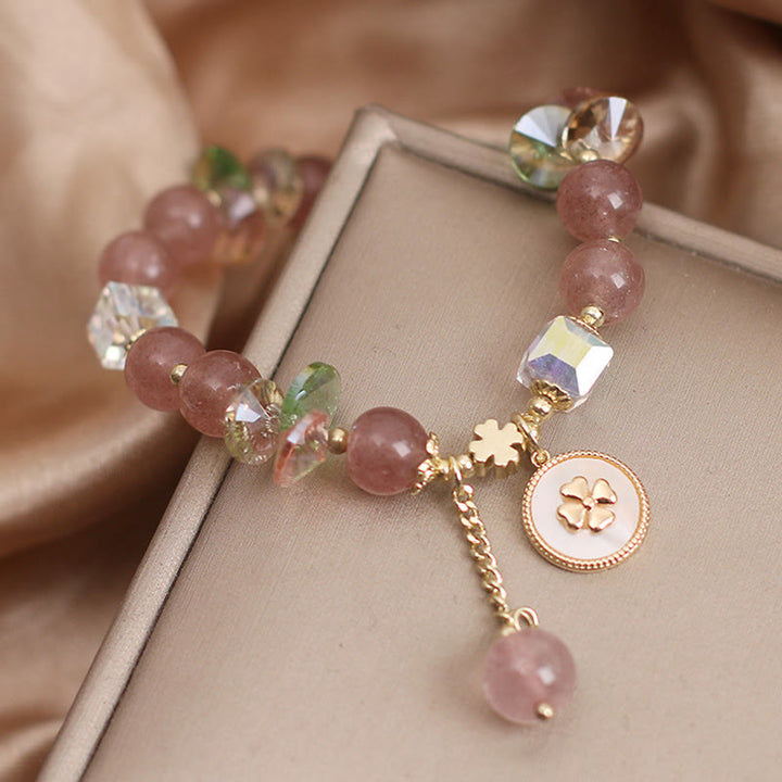 Buddha Stones Strawberry Quartz Lucky Four Leaf Clover Healing Charm Bracelet