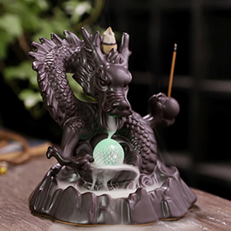 Auspicious Dragon Ceramic Backflow Smoke Fountain Meditation Healing Incense Burner Led Ball Decoration