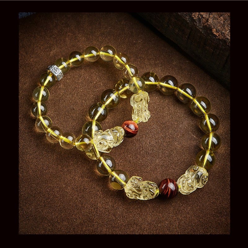 Buddha Stones Natural Citrine Double PiXiu Tiger Eye Prosperity Protection Bracelet