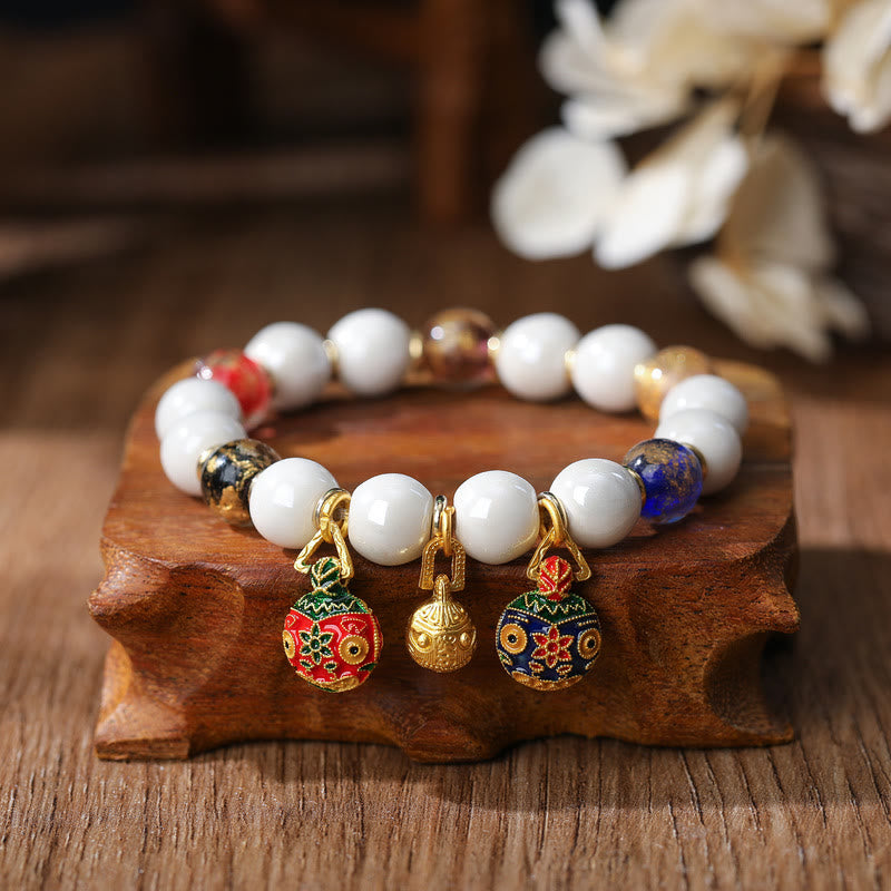 Buddha Stones Gold Swallowing Beast Family Charm Liuli Glass Colorful Porcelain Bead Luck Bracelet