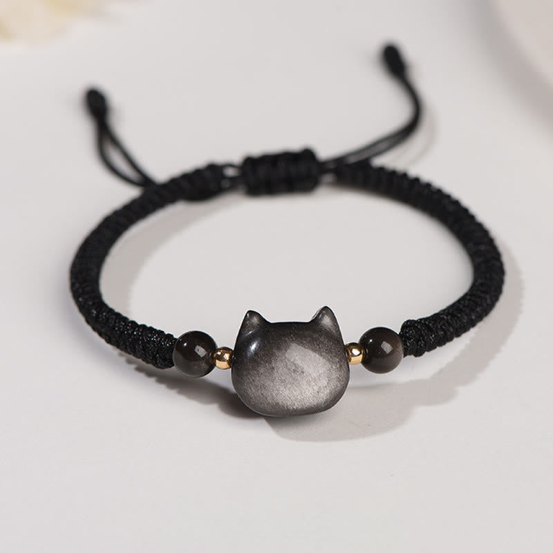 Buddha Stones Handmade Natural Silver Sheen Obsidian Strawberry Quartz Cute Cat Protection Braided Bracelet