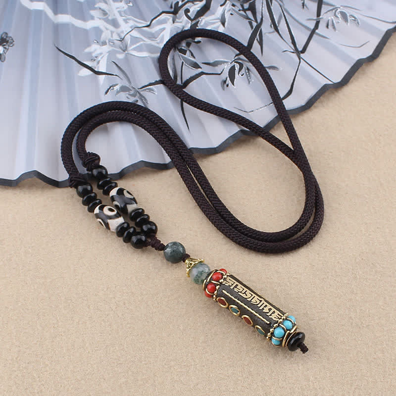 Buddha Stones Tibetan Om Mani Padme Hum Dzi Bead Wenge Wood Necklace Pendant