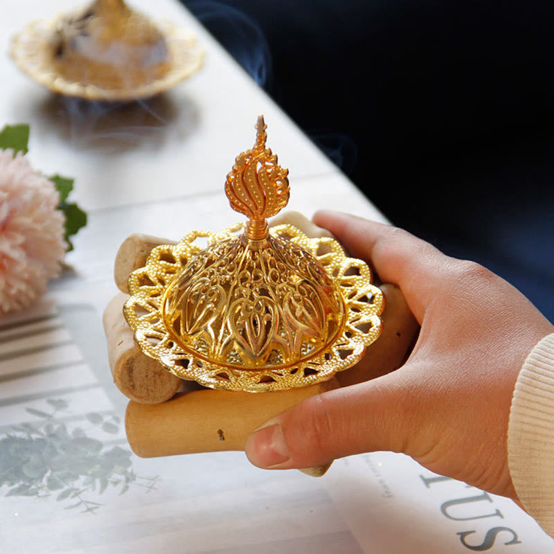 Gold Alloy Healing Mini Incense Burner With Wooden Coaster Home Decor