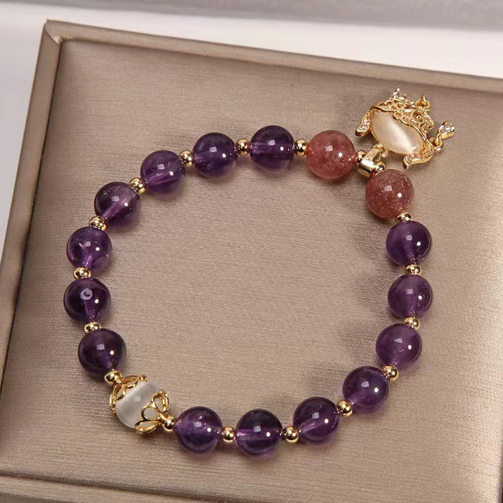 Buddha Stones Natural Amethyst Strawberry Quartz Cat Eye Chinese Lock Charm Healing Bracelet