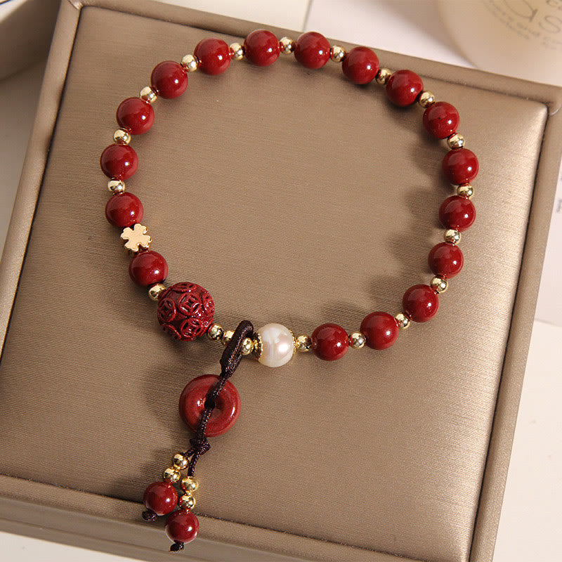 Buddha Stones Natural Cinnabar Peace Buckle Copper Coin Charm Blessing Bracelet