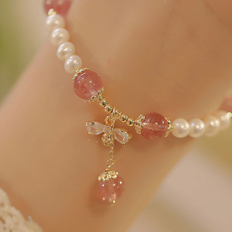 Buddha Stones Natural Pearl Strawberry Quartz Healing Cute Honey Bee Charm Bracelet