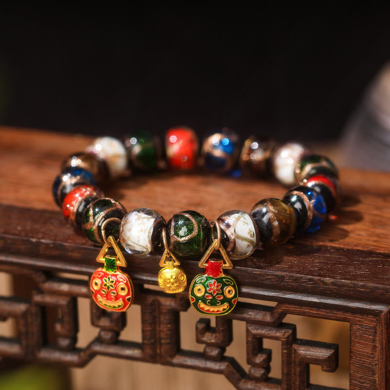 Buddha Stones Five Elements Gold Swallowing Beast Family Charm Liuli Glass Bead Luck Bracelet