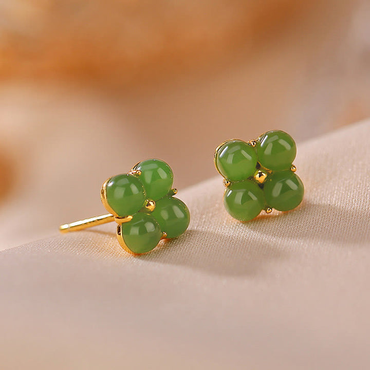 Buddha Stones 925 Sterling Silver Plated Gold Natural Cyan Jade Four Leaf Clover Luck Stud Earrings