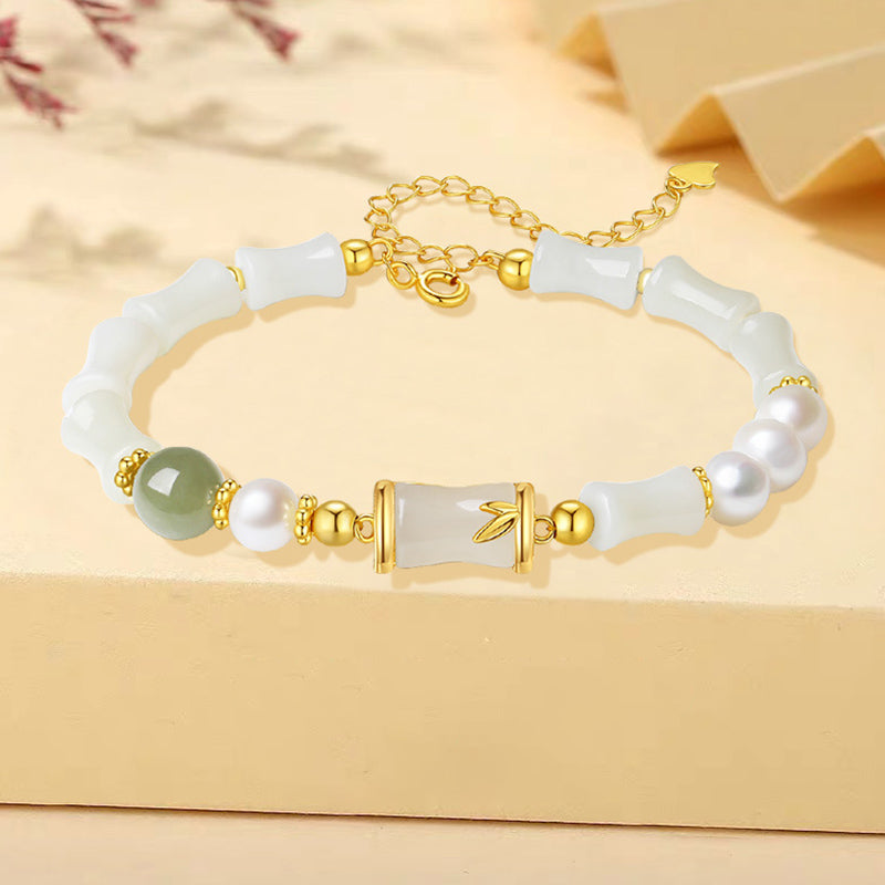 Buddha Stones 925 Sterling Silver Natural Hetian White Jade Bamboo Luck Blessing Bracelet