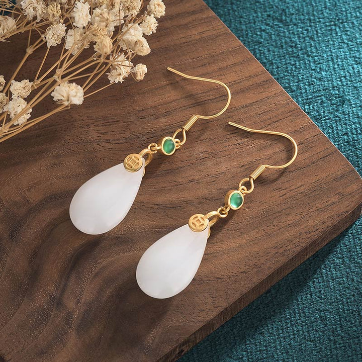 Buddha Stones FengShui White Jade Luck Drop Earrings