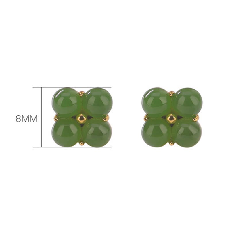 Buddha Stones 925 Sterling Silver Plated Gold Natural Cyan Jade Four Leaf Clover Luck Stud Earrings