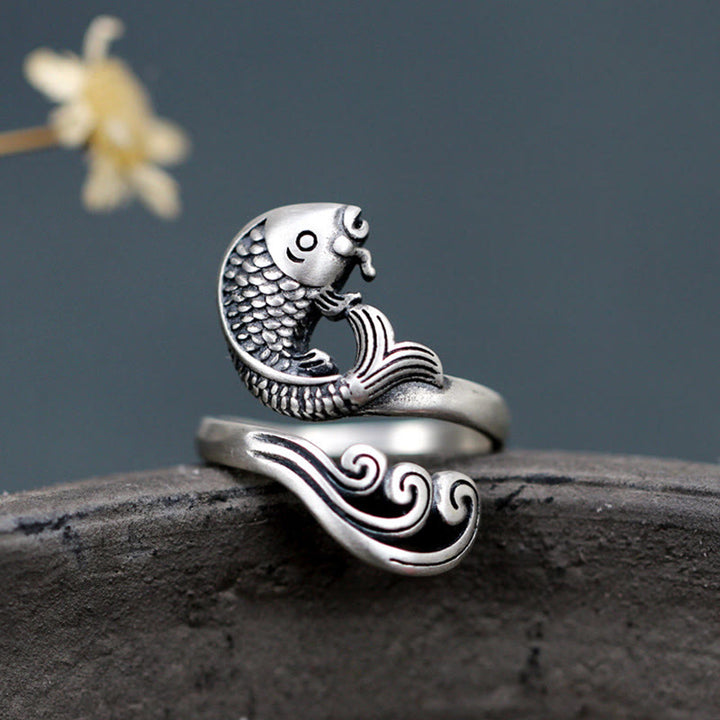 Buddha Stones 925 Sterling Silver Koi Fish Water Ripple Luck Wealth Ring