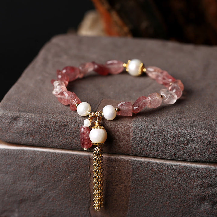 Natural Strawberry Quartz Pearl 14k Gold Plated Love Healing Bracelet