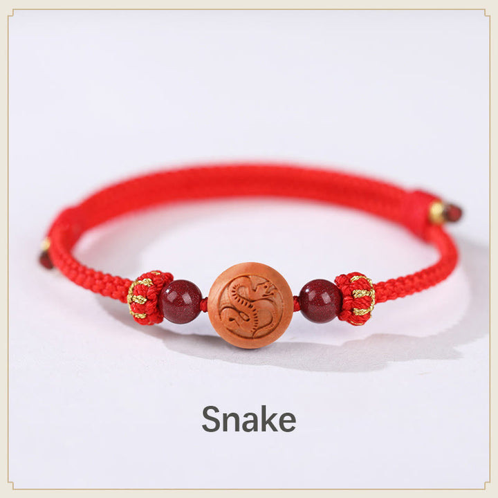 Buddha Stones Natural Peach Wood Chinese Zodiac Fu Character Carved Cinnabar Wealth Bracelet