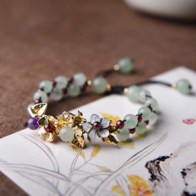 Buddha Stones Green Aventurine Garnet Bead Flower Petal Luck Bracelet