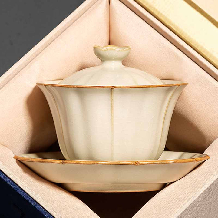 Buddha Stones Beige Plum Blossom Shape Peach Branch Ceramic Gaiwan Sancai Teacup Kung Fu Tea Cup With Lid