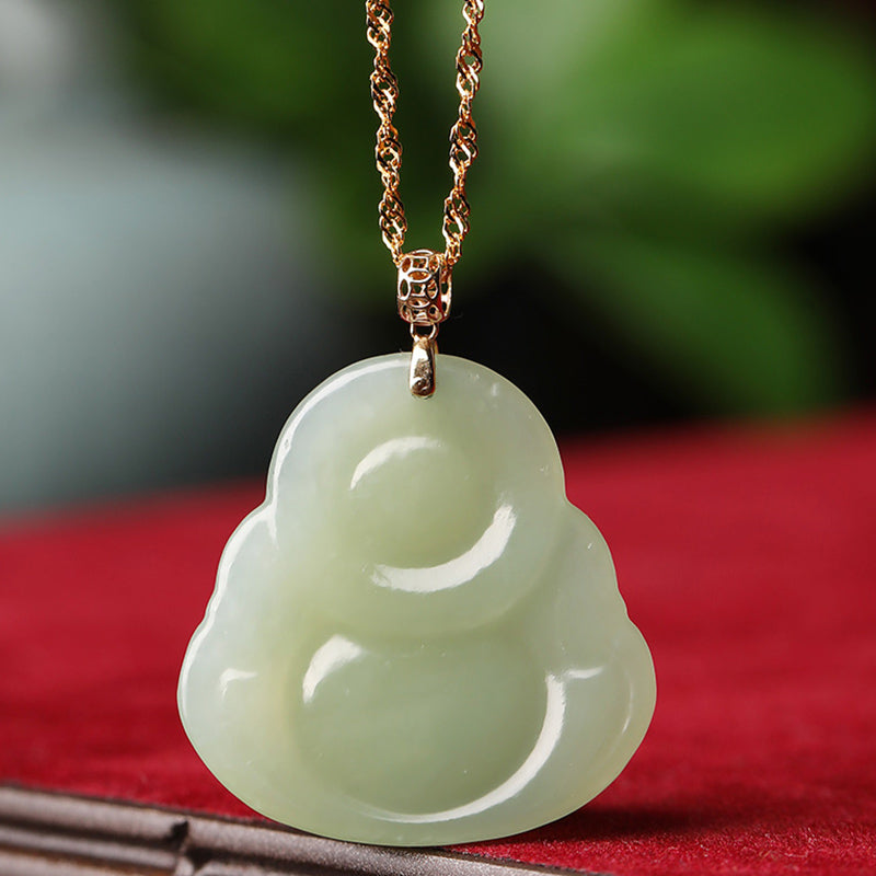 Buddha Stones 925 Sterling Silver Laughing Buddha Cyan Jade 18K Gold Success Necklace Pendant