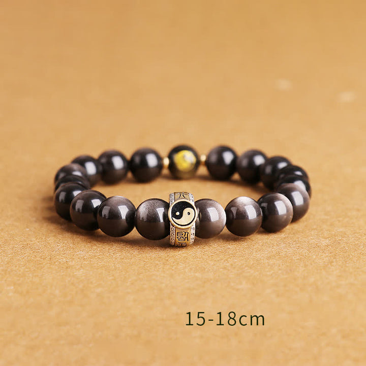 Buddha Stones 925 Sterling Silver Black Obsidian Gold Sheen Obsidian Silver Sheen Obsidian Yin Yang Protection Bracelet