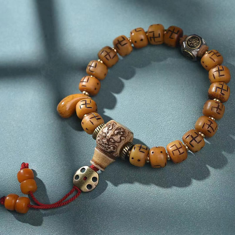 Buddha Stones Natural Tibetan Camel Bone Swastika Dzi Bead Shankha Buddha Charm Kirtimukha Luck Protection Tassel Bracelet