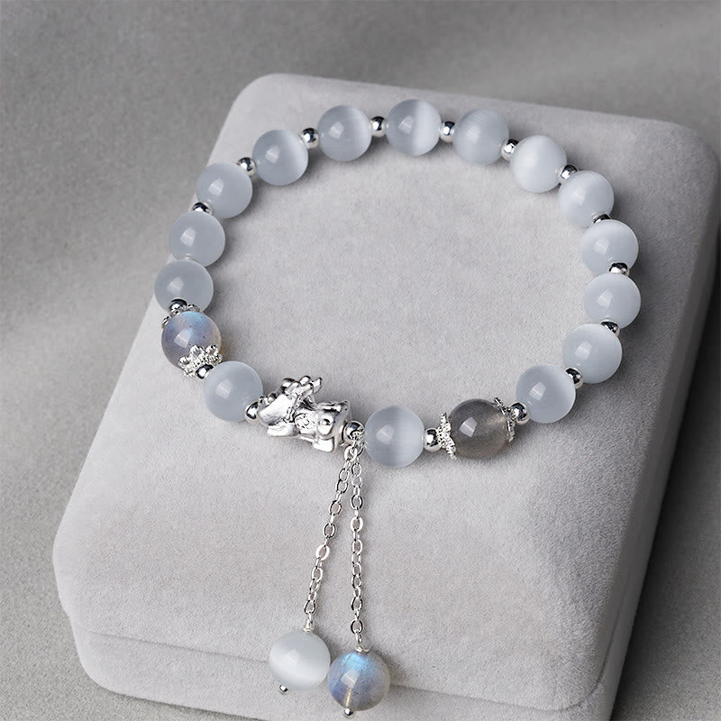 Buddha Stones Natural Cat's Eye Moonstone Strawberry Quartz PiXiu Support Bracelet