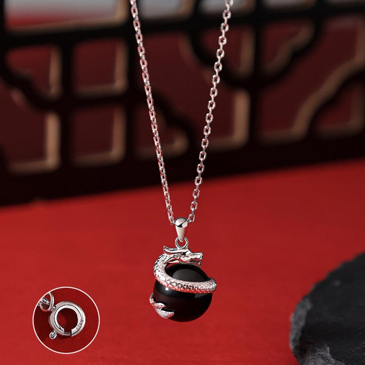 Buddha Stones 925 Sterling Silver Year of the Dragon Black Obsidian Fulfilment Necklace Pendant