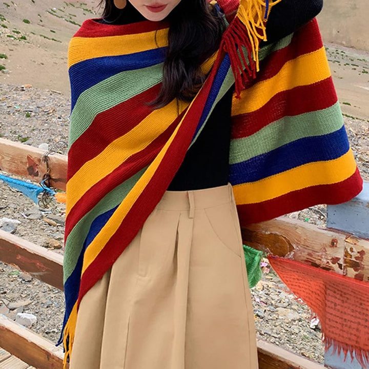 Buddha Stones Tibetan Colorful Striped Design Shawl Tassels Pullover Winter Cozy Travel Scarf Wrap