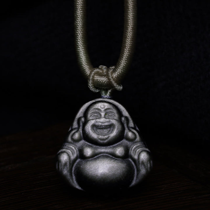 Buddha Stones Natural Silver Sheen Obsidian Laughing Buddha Protection Necklace Pendant