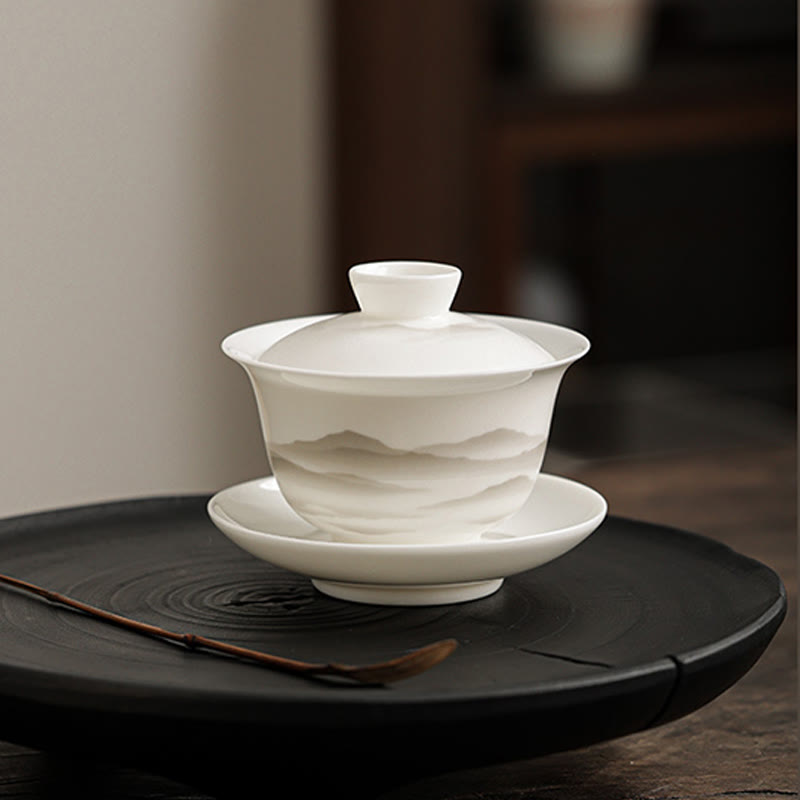 Buddha Stones Vintage Ink Painting Mountain White Porcelain Ceramic Gaiwan Sancai Teacup Kung Fu Tea Cup And Saucer With Lid Tea Utensil Teapot