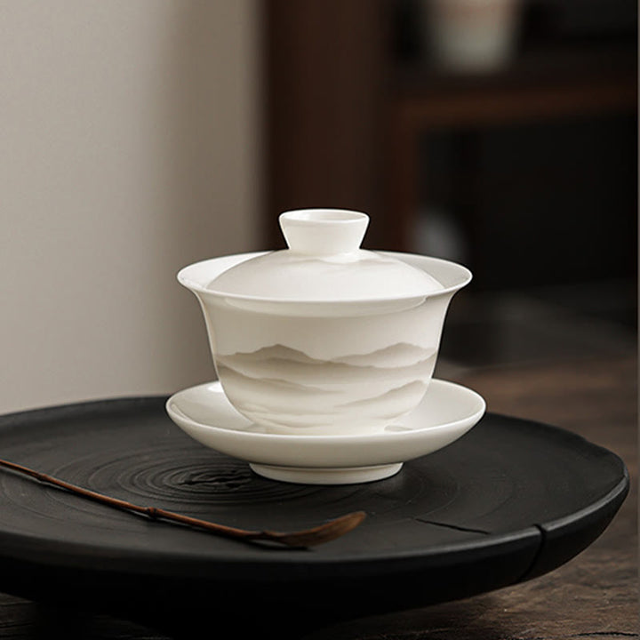 Buddha Stones Vintage Ink Painting Mountain White Porcelain Ceramic Gaiwan Sancai Teacup Kung Fu Tea Cup And Saucer With Lid Tea Utensil Teapot