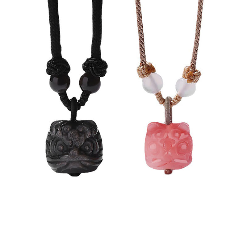 Buddha Stones Natural Silver Sheen Obsidian Red Agate Dancing Lion Protection Necklace Pendant