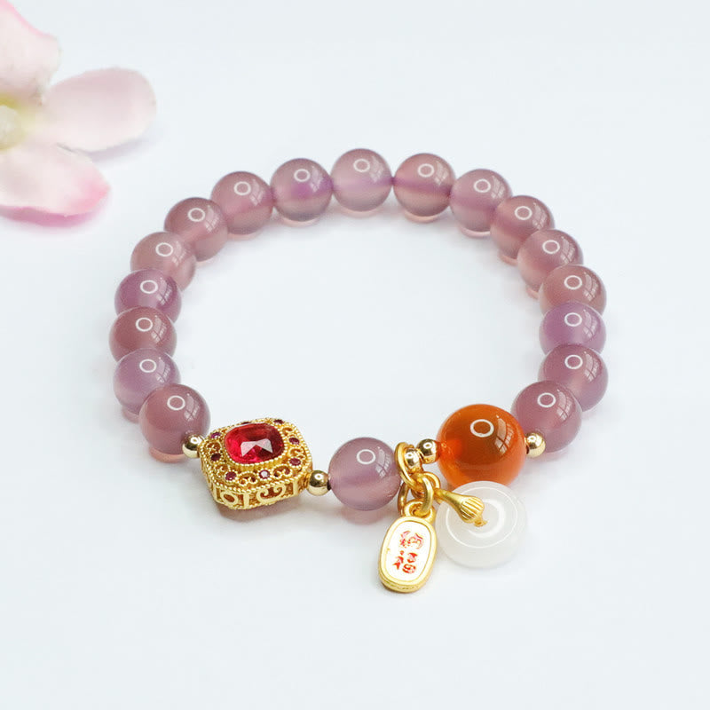 Buddha Stones Natural Purple Chalcedony Candy Agate Peace Buckle Harmony Lucky Fortune Charm Bracelet