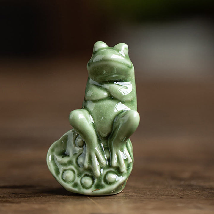 Buddha Stones Mini Small Meditation Lotus Resting Frog Ceramic Wealth Luck Home Tea Pet Figurine Decoration